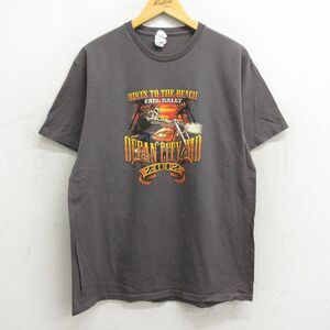 L/古着 半袖 Tシャツ メンズ バイク スケルトン コットン クルーネック 濃グレー 23jun21 中古