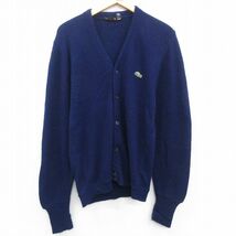 M/古着 ラコステ LACOSTE IZOD 長袖 ブランド ニット カーディガン メンズ 70s ワンポイントロゴ アクリル Vネック 紺 ネイビー 23oct1_画像1