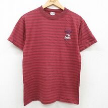 L/古着 ロンジョン 半袖 ビンテージ Tシャツ メンズ 90s サメ サーフィン コットン クルーネック エンジ ボーダー spe 23aug04 中古_画像1