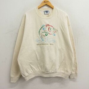 XL/古着 リー Lee 長袖 スウェット メンズ 90s 魚 刺繍 クルーネック 生成り 23sep11 中古 スエット トレーナー トップス