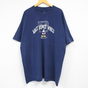 XL/古着 半袖 Tシャツ メンズ ディズニー DISNEY ミッキー MICKEY MOUSE 大きいサイズ コットン クルーネック 紺 ネイビー 23jun03 中