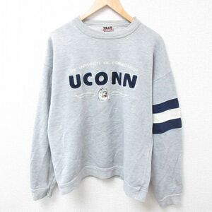 XL/古着 長袖 スウェット メンズ 00s オオカミ UCONN 刺繍 クルーネック グレー 霜降り 23oct21 中古 スエット トレーナー トップス