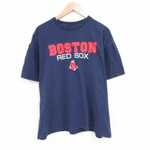 XL/古着 半袖 Tシャツ メンズ MLB ボストンレッドソックス 刺繍 大きいサイズ コットン クルーネック 紺 ネイビー メジャーリーグ ベー_画像1