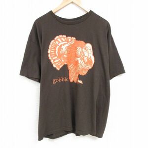 XL/古着 半袖 Tシャツ メンズ シチメンチョウ 大きいサイズ コットン クルーネック こげ茶 ブラウン 23jul08 中古