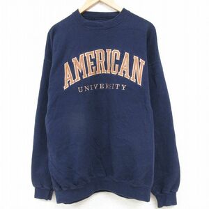 XL/古着 長袖 スウェット メンズ 90s アメリカン 大学 クルーネック 濃紺 ネイビー 23dec04 中古 スエット トレーナー トップス