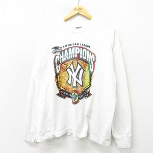 XL/古着 長袖 ビンテージ Tシャツ メンズ 90s ニューヨークヤンキース クルーネック 白 ホワイト メジャーリーグ ベースボール 野球 23