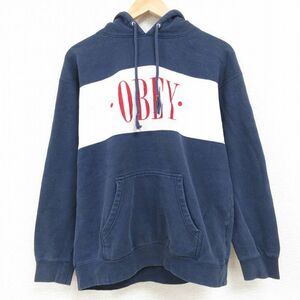 L/古着 オベイ OBEY 長袖 スウェット パーカー メンズ ビッグロゴ ツートンカラー 刺繍 濃紺 ネイビー 23dec02 中古 スエット トレーナ