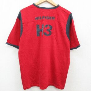XL/古着 トミーヒルフィガー 長袖 ブランド Tシャツ メンズ ビッグロゴ フロッキープリント 大きいサイズ Vネック 赤他 レッド リンガ