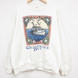 XL/古着 ジャージーズ 長袖 スウェット メンズ 90s チェサピーク 船 海 大きいサイズ クルーネック 生成り 23oct20 中古 スエット トレ