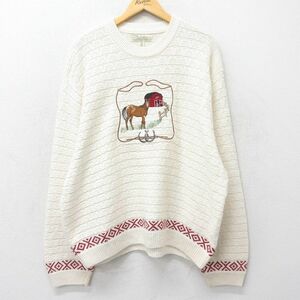 XL/古着 カベラス 長袖 セーター メンズ 馬 刺繍 大きいサイズ コットン クルーネック 白他 ホワイト 23dec26 中古 ニット トップス