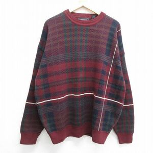 XL/ б/у одежда свитер с длинным рукавом мужской 90s хлопок вырез лодочкой темно-красный др. проверка 23nov13 б/у вязаный tops 