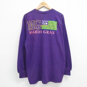 XL/古着 長袖 ビンテージ Tシャツ メンズ 90s マルディグラス 国旗 コットン クルーネック 紫 パープル 23jul17 中古