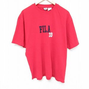 XL/古着 フィラ FILA 半袖 ブランド Tシャツ メンズ ビッグロゴ 刺繍 コットン クルーネック 赤 レッド 23aug26 中古