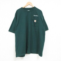 XL/古着 カーハート Carhartt 半袖 ブランド Tシャツ メンズ ワンポイントロゴ 胸ポケット付き 大きいサイズ コットン クルーネック 緑_画像1