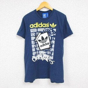 L/古着 アディダス adidas 半袖 ブランド Tシャツ メンズ ビッグロゴ リーフ トレフォイル クルーネック 紺 ネイビー 23aug21 中古