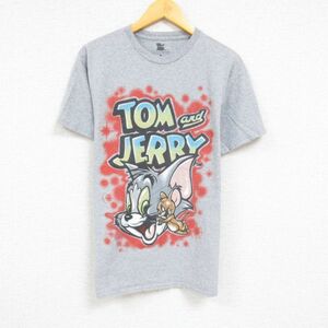 L/古着 半袖 Tシャツ メンズ アニメ トムとジェリー エアブラシ クルーネック グレー 霜降り 23may18 中古