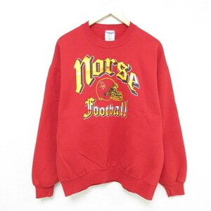 L/古着 ジャージーズ 長袖 スウェット メンズ 90s Norse フットボール クルーネック 赤 レッド 23sep22 中古 スエット トレーナー トッ