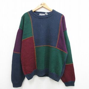 XL/古着 長袖 セーター メンズ 80s マルチカラー クレイジーパターン 大きいサイズ クルーネック 紺他 ネイビー spe 23dec16 中古 ニッ