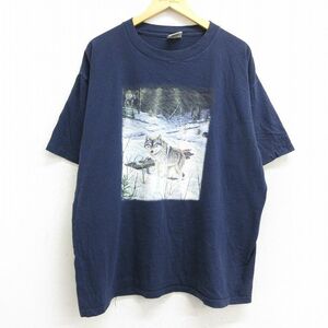 XL/古着 半袖 ビンテージ Tシャツ メンズ 90s オオカミ 雪 大きいサイズ コットン クルーネック 紺 ネイビー 23mar14 中古