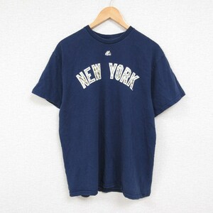 L/古着 マジェスティック 半袖 Tシャツ メンズ NEW YORK コットン クルーネック 紺 ネイビー 23jun24 中古