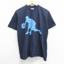 M/古着 半袖 ビンテージ Tシャツ メンズ 90s バスケットボール HARD TO GUARD コットン クルーネック 紺 ネイビー spe 23mar22 中古_画像1