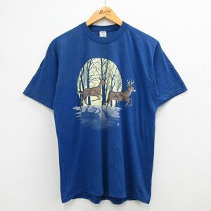 L/古着 ラッセル 半袖 ビンテージ Tシャツ メンズ 80s シカ 月 クルーネック 青 ブルー 23mar14 中古