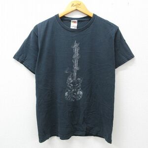 M/古着 半袖 ビンテージ Tシャツ メンズ 00s スカル ギター コットン クルーネック 黒 ブラック spe 23apr18 中古