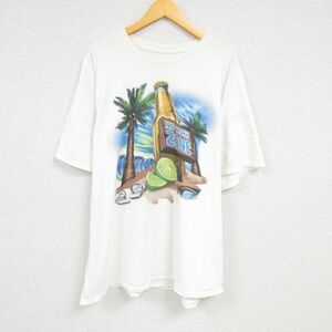 XL/古着 半袖 Tシャツ メンズ ヤシの木 ライム 大きいサイズ クルーネック 生成り 23may24 中古