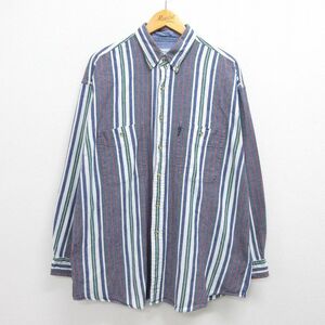 XL/古着 IZOD 長袖 ブランド シャツ メンズ 90s ワンポイントロゴ 大きいサイズ コットン ボタンダウン 紺他 ネイビー ストライプ 22oc