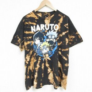 XL/古着 半袖 Tシャツ メンズ アニメ NARUTO ナルト 疾風伝 大きいサイズ コットン クルーネック 黒他 ブラック ブリーチ加工 23aug28