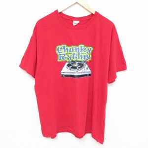 XL/古着 半袖 Tシャツ メンズ レコード コットン クルーネック 赤 レッド 23jul27 中古