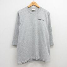 L/古着 ウィルソン 7分袖 ビンテージ Tシャツ メンズ 90s ワンポイントロゴ クルーネック グレー 霜降り 23jul31 中古 7分丈 七分丈 七_画像1