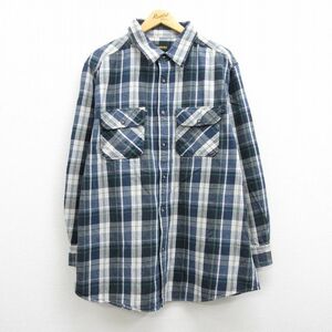 XL/古着 長袖 フランネル シャツ メンズ ロング丈 コットン 紺他 ネイビー チェック 22oct27 中古 トップス