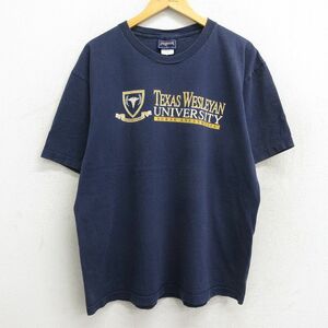 XL/古着 ジャンスポーツ 半袖 ビンテージ Tシャツ メンズ 00s テキサスウェスレーアン 大学 コットン クルーネック 紺 ネイビー 23may1