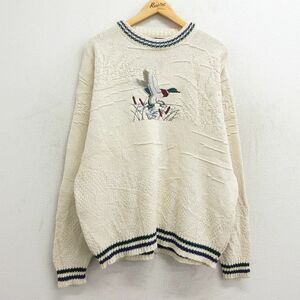 XL/古着 長袖 セーター メンズ 90s 鳥 刺繍 コットン クルーネック 生成り 23dec04 中古 ニット トップス