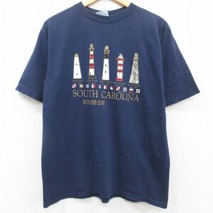 L/古着 半袖 ビンテージ Tシャツ メンズ 90s サウスカロライナ 灯台 コットン クルーネック 紺 ネイビー 23jun03 中古