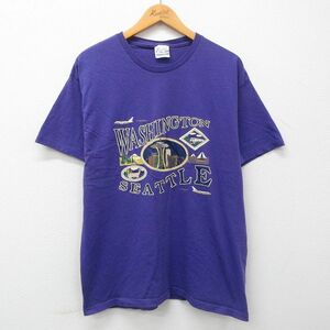 XL/古着 ヘインズ 半袖 ビンテージ Tシャツ メンズ 00s ワシントン シアトル 建物 コットン クルーネック 紫 パープル 23apr26 中古