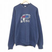 XL/古着 フルーツオブザルーム 長袖 スウェット メンズ 00s 聖書 BOSS 刺繍 大きいサイズ クルーネック 紺 ネイビー 23dec08 中古 スエ_画像1