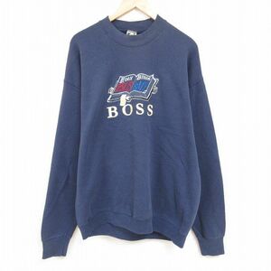 XL/古着 フルーツオブザルーム 長袖 スウェット メンズ 00s 聖書 BOSS 刺繍 大きいサイズ クルーネック 紺 ネイビー 23dec08 中古 スエ