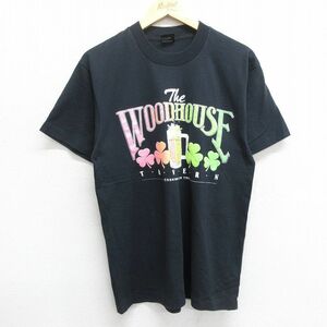 L/古着 半袖 ビンテージ Tシャツ メンズ 90s ニューヨーク WOODHOUSE ビール クローバー クルーネック 黒 ブラック 23may23 中古