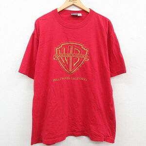 XL/古着 半袖 ビンテージ Tシャツ メンズ 90s ワーナーブラザーズ ハリウッド カリフォルニア 刺繍 大きいサイズ コットン クルーネッ