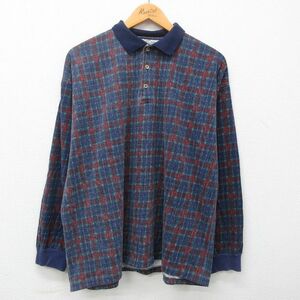 XL/古着 長袖 ポロ シャツ メンズ 90s 大きいサイズ コットン 紺他 ネイビー チェック 23feb08 中古 トップス