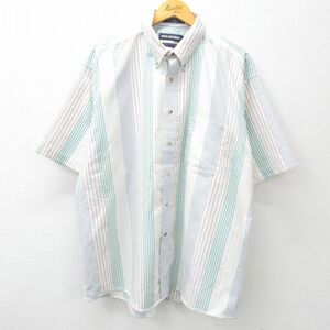 XL/古着 バンヒューセン 半袖 シャツ メンズ 90s 大きいサイズ ロング丈 コットン ボタンダウン 白他 ホワイト ストライプ 23sep04 中