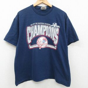 XL/古着 半袖 ビンテージ Tシャツ メンズ 90s MLB ニューヨークヤンキース アメリカンリーグ 大きいサイズ クルーネック 紺 ネイビー