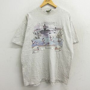 XL/古着 半袖 ビンテージ Tシャツ メンズ 90s 鳥 マーシュランド 大きいサイズ コットン クルーネック 薄グレー 霜降り 23apr13 中古