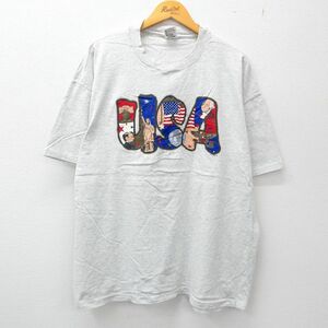 XL/古着 半袖 ビンテージ Tシャツ メンズ 90s 星条旗 自由の女神 USAロゴ 大きいサイズ クルーネック 薄グレー 霜降り 23jun16 中古