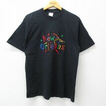 L/古着 半袖 ビンテージ Tシャツ メンズ 00s ニューオーリンズ 音符 ラッパ 刺繍 コットン クルーネック 黒 ブラック 23jun23 中古_画像1