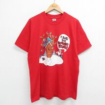 L/古着 半袖 ビンテージ Tシャツ メンズ 90s サンタクロース トナカイ コットン クルーネック 赤 レッド 23jun19 中古_画像1