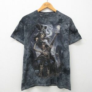 L/古着 半袖 ビンテージ Tシャツ メンズ 00s スケルトン ギター クルーネック 濃グレー タイダイ 23mar13 中古