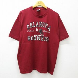 XL/古着 ヘインズ 半袖 ビンテージ Tシャツ メンズ 00s オクラホマスーナーズ フットボール 大きいサイズ クルーネック エンジ 23jul04